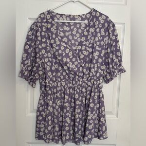 Purple Partial Wrap Blouse with Ruffled Short Sleeves 4XL